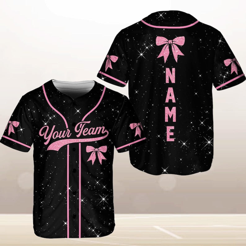 Personalized Team Name Number Bow Ribbon Baseball Jersey, Custom Cheer Baseball Jersey, Glitter Jersey (Printed Glitter, Not Glitter Fabric)