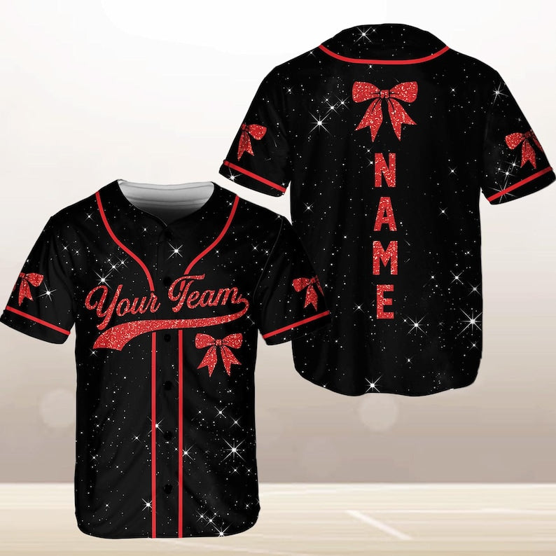 Personalized Team Name Number Bow Ribbon Baseball Jersey, Custom Cheer Baseball Jersey, Glitter Jersey (Printed Glitter, Not Glitter Fabric)