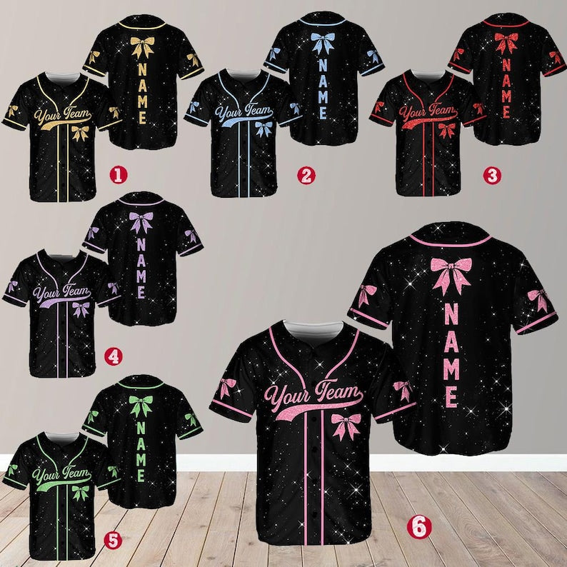 Personalized Team Name Number Bow Ribbon Baseball Jersey, Custom Cheer Baseball Jersey, Glitter Jersey (Printed Glitter, Not Glitter Fabric)