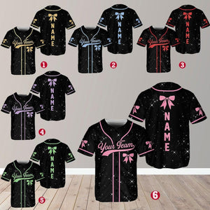 Personalized Team Name Number Bow Ribbon Baseball Jersey, Custom Cheer Baseball Jersey, Glitter Jersey (Printed Glitter, Not Glitter Fabric)