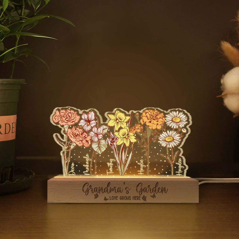 Customized Grandma's Graden Night Light, Personalized Birth Month Flower, Mother's Day Gift, Gift for Grandma, Gift for Mom, LED Light