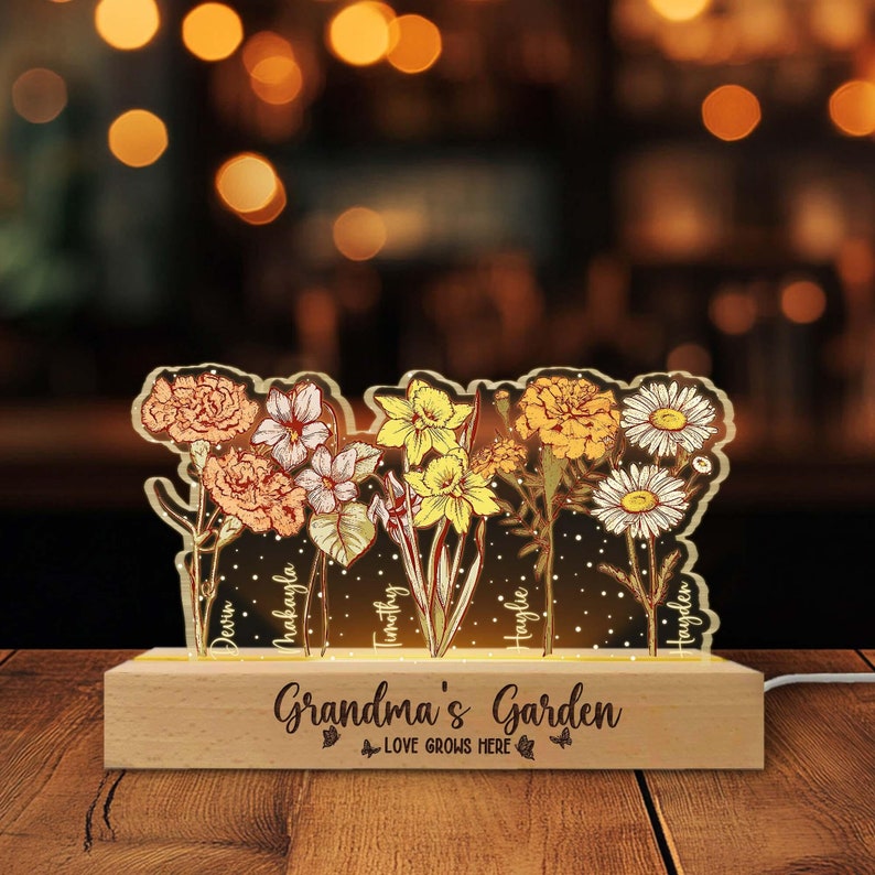 Customized Grandma's Graden Night Light, Personalized Birth Month Flower, Mother's Day Gift, Gift for Grandma, Gift for Mom, LED Light