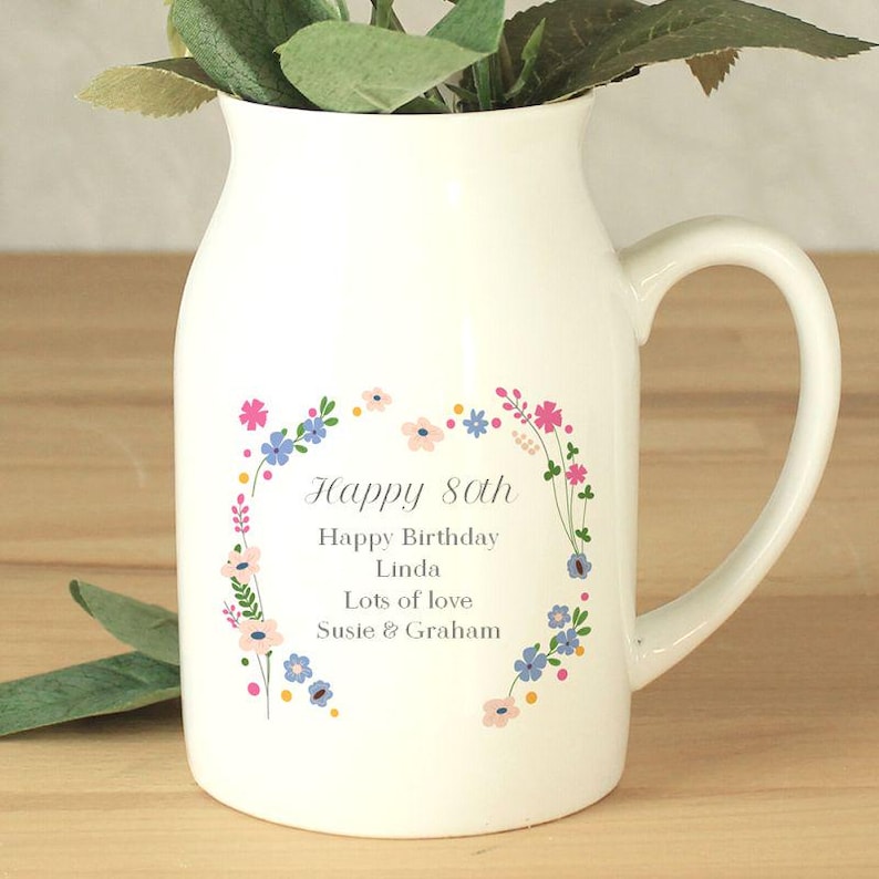 Personalised 80th Birthday Flower Jug - Ceramic 80th Birthday Gift - Add any message