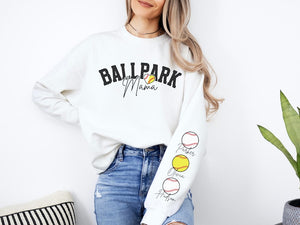 Softball Baseball Mom Sweatshirt Name on Sleeve Custom Baseball Softball Mom Sweater Personalized Ballpark Mama Sweatshirt Baseball Mom Gift