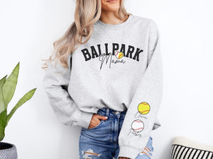 Softball Baseball Mom Sweatshirt Name on Sleeve Custom Baseball Softball Mom Sweater Personalized Ballpark Mama Sweatshirt Baseball Mom Gift