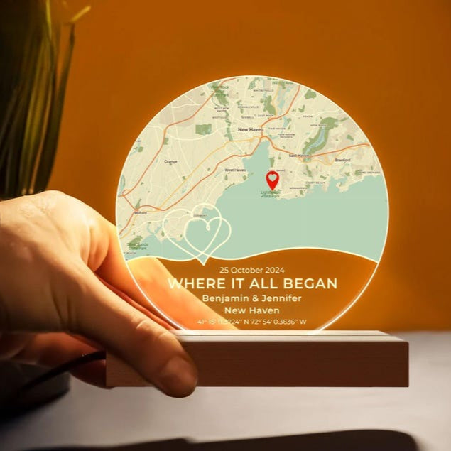 Where It All Began LED Light, Custom First Date Night Light, Custom Map Plaque For Couple, Anniversary Gifts, Couple Gift, Gift For Him Her