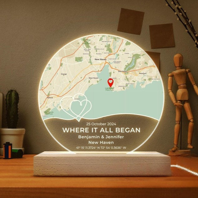Where It All Began LED Light, Custom First Date Night Light, Custom Map Plaque For Couple, Anniversary Gifts, Couple Gift, Gift For Him Her