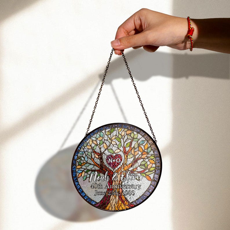 Personalized Heart Tree Stained Glass Panel with Initials and Date, Perfect Wedding Anniversary Gift for 10th, 25th, 40th, 50th Celebration