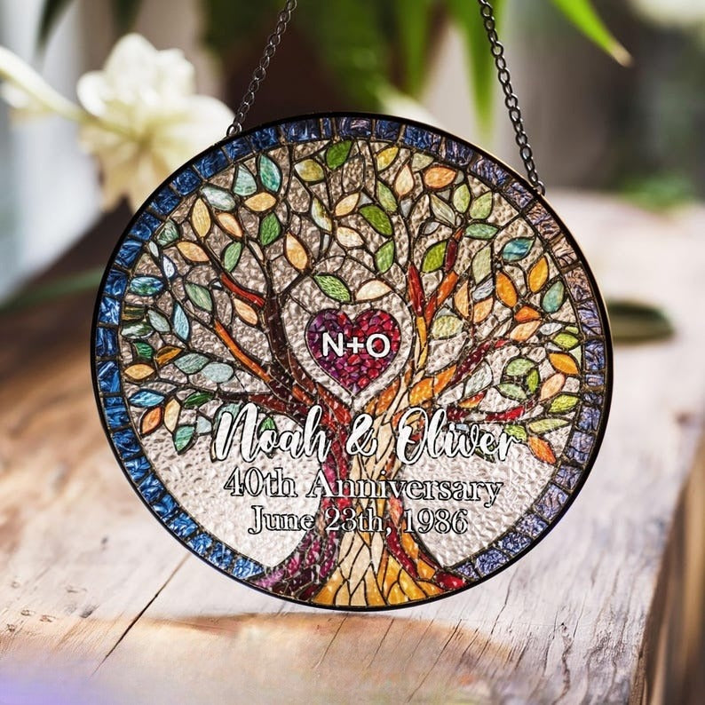 Personalized Heart Tree Stained Glass Panel with Initials and Date, Perfect Wedding Anniversary Gift for 10th, 25th, 40th, 50th Celebration