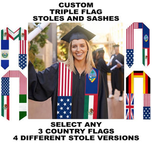 Custom Personalisable 3 Nation/Country Flag Graduation Stoles/Sash - Graduation Gift, Birthday Gift