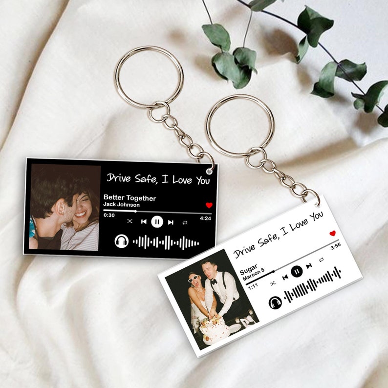 Song Keychain, Custom Photo Keychain, Couple Keychain, Music Keychain, Valentines Day Gift for Him, Drive Safe Gift, Photo Couple Gifts