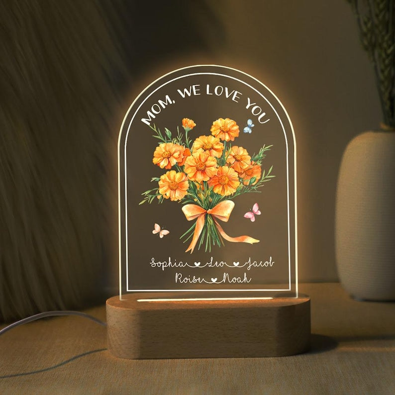 Personalized Mother's Day Gift For Mom, Custom Birth Month Flower Night Light, Bouquet Floral Mom With Kids Name Led Light, Gift For Grandma