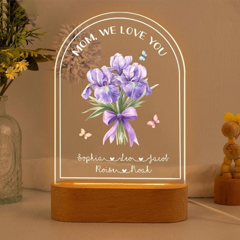Personalized Mother's Day Gift For Mom, Custom Birth Month Flower Night Light, Bouquet Floral Mom With Kids Name Led Light, Gift For Grandma