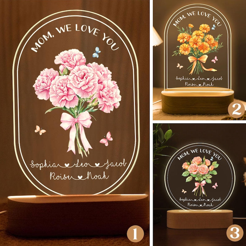 Personalized Mother's Day Gift For Mom, Custom Birth Month Flower Night Light, Bouquet Floral Mom With Kids Name Led Light, Gift For Grandma