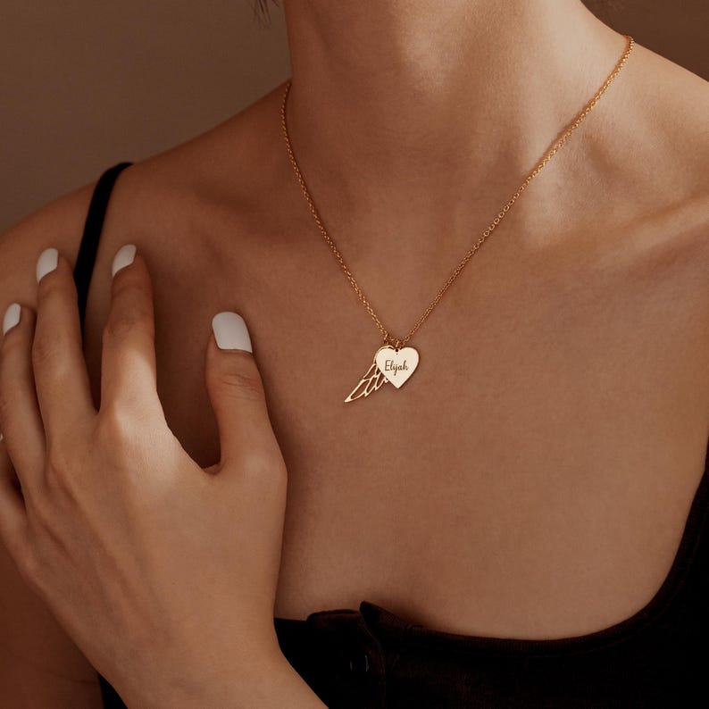 Heart Pendant Name Necklace with Angel Wing, Engraved Name Wing Necklace, Memorial Necklace, Sympathy Gift, Keepsake Gift, Mothers Day Gift