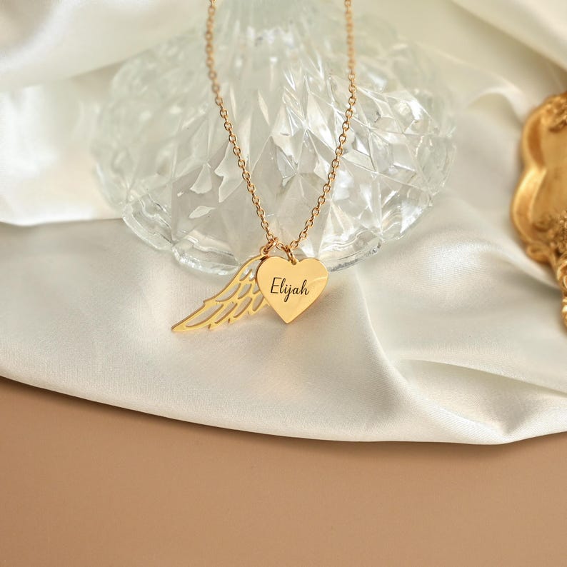 Heart Pendant Name Necklace with Angel Wing, Engraved Name Wing Necklace, Memorial Necklace, Sympathy Gift, Keepsake Gift, Mothers Day Gift
