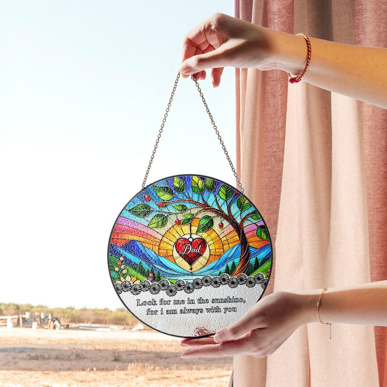 Personalized Memorial Stained Glass Panel with Heart and Tree of Life Sympathy Gift for Loss of Mom or Dad, Grief Keepsake
