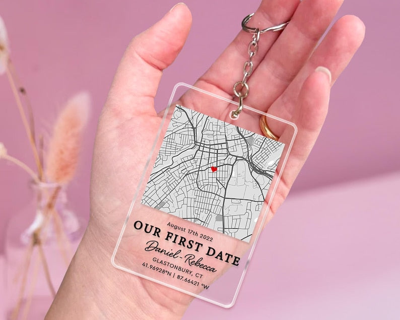 Personalized Map Our First Date Keychain, Custom Couple Keychain, Anniversary Gift, Gift for Him, Keychain For Lovers, Couple Christmas gift