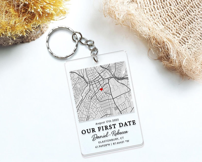 Personalized Map Our First Date Keychain, Custom Couple Keychain, Anniversary Gift, Gift for Him, Keychain For Lovers, Couple Christmas gift