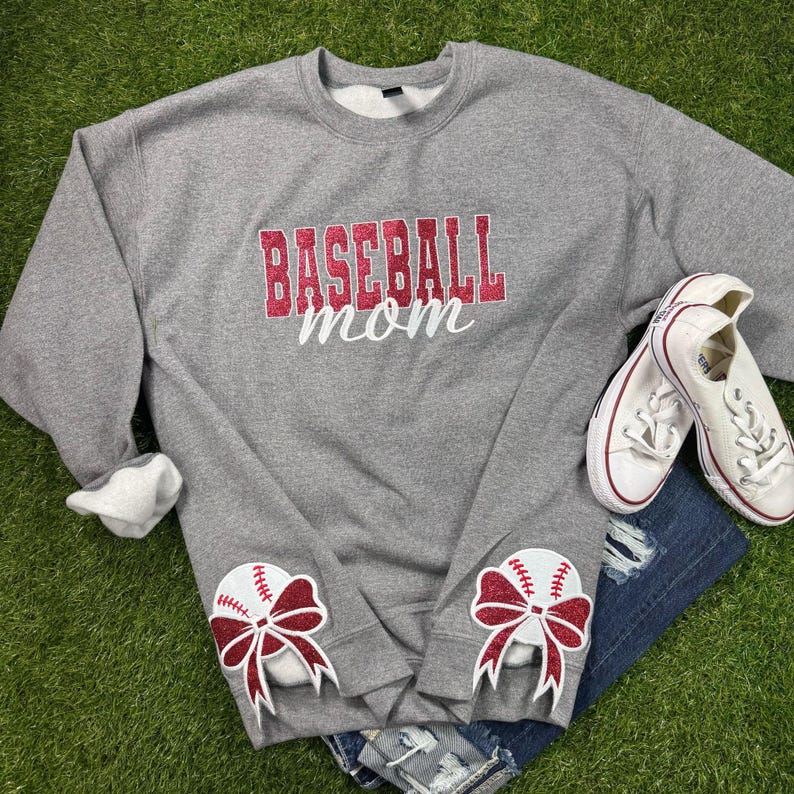 Baseball Mom Glitter Embroidered Sweatshirt with Side Bows Personalized Sweatshirt For Mom , Mom Shirt