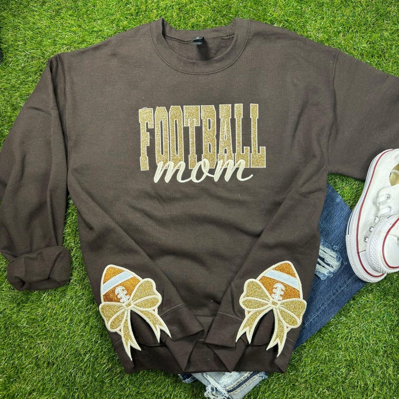 Football Mom Glitter Embroidered Sweatshirt with Side Bows Personalized gift for Mom, Mother's day gift sport mom gift