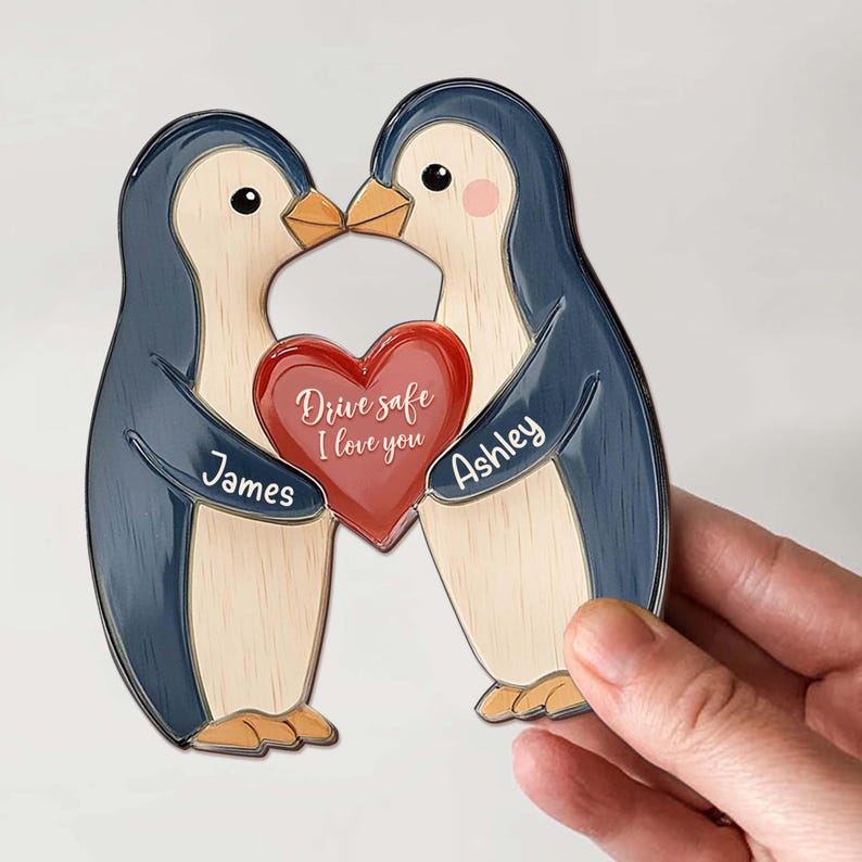 Personalised Penguin Pebble Romantic Gift for Girlfriend, Boyfriend, Custom Car Visor Clip, Drive Safe, Sun Visor Clip, Anniversary couples