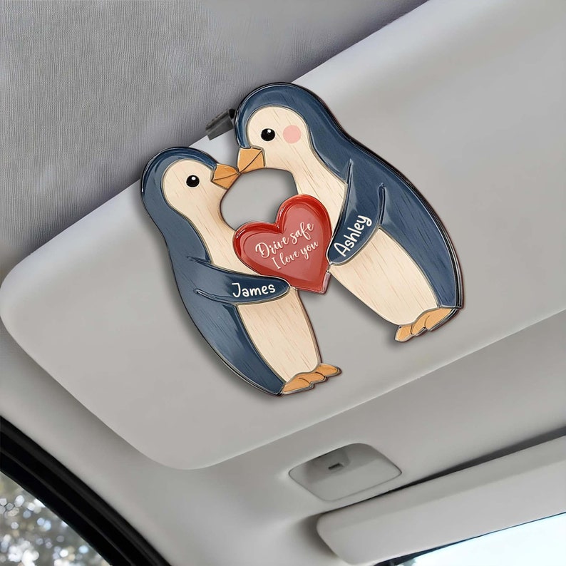 Personalised Penguin Pebble Romantic Gift for Girlfriend, Boyfriend, Custom Car Visor Clip, Drive Safe, Sun Visor Clip, Anniversary couples