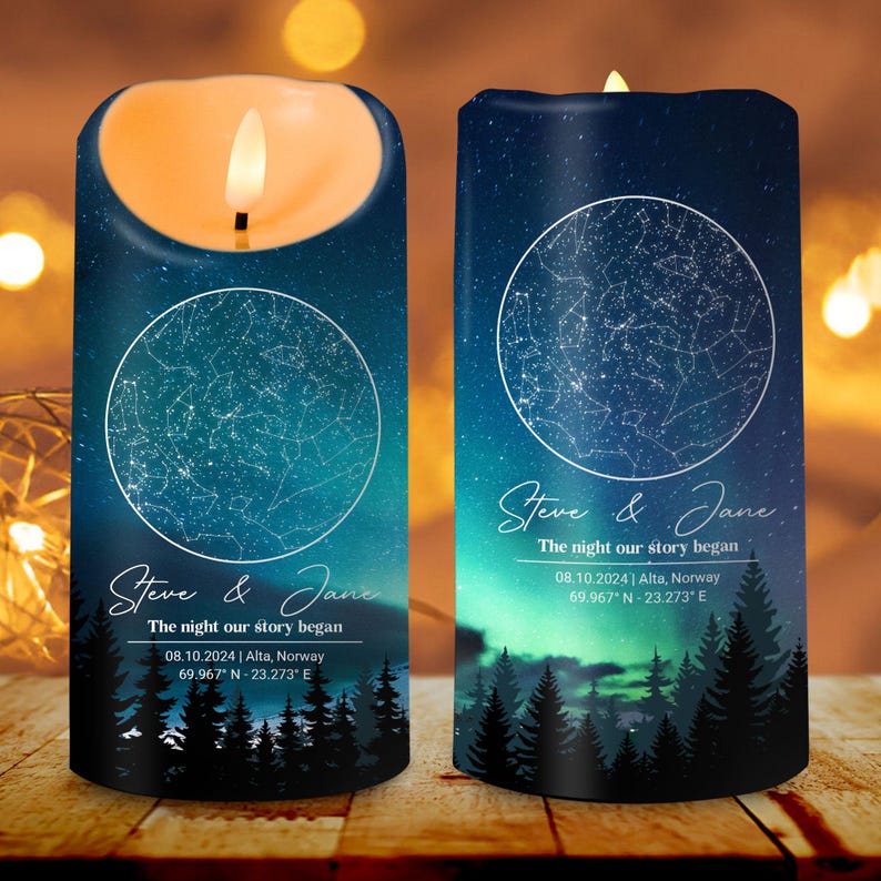 Custom Star Map By Date Led Candle, Custom Couples Candle Gift, Personalized Anniversary Gift For Her & Him, Wedding Candle, Valentine Gift