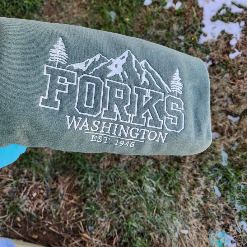 Forks Washington Embroidered Crewneck Sweatshirt, Twilight Inspired Pacific Northwest Apparel PNW Souvenir Traveling Sweater National Parks il_794xN.6573469592_2gt0.jpg