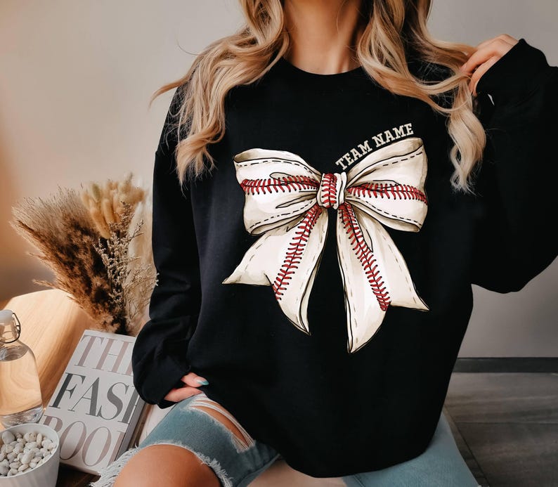 Custom Baseball Bow Sweatshirt,Baseball Mom Gift Sweatshirt,Coquette Baseball Cheeer Mom Sweatshirt,Gameday Sweat,Fall Baseball Season Sweat