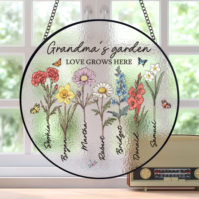 Grandma Gift, Custom Birth Month Flowers Suncatcher, Personalized Grandmas Garden Stained Glass, Birth Month Flowers Gift, Mothers Day Gift