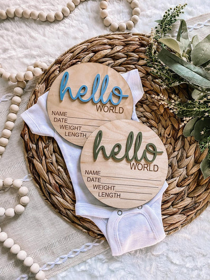 Baby Birth Announcement Wood Disc - Newborn Birth Stat Circle - Milestone Card - Hello World Hospital Sign - 3D Wood Photo Prop - Plaque