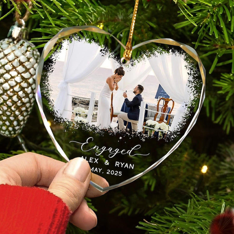 Engagement GLASS Ornament,Married Ornament,Personalization Marriage Proposal Gift,Our First Christmas Engaged Photo Ornament,Gift For Couple