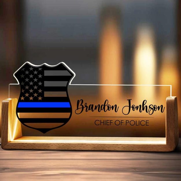 Custom Police Officer Desk Name Plate Personalized Law Enforcement Logo LED Light Wooden Base Thin Blue Line Office Wood Acrylic Decor Gift