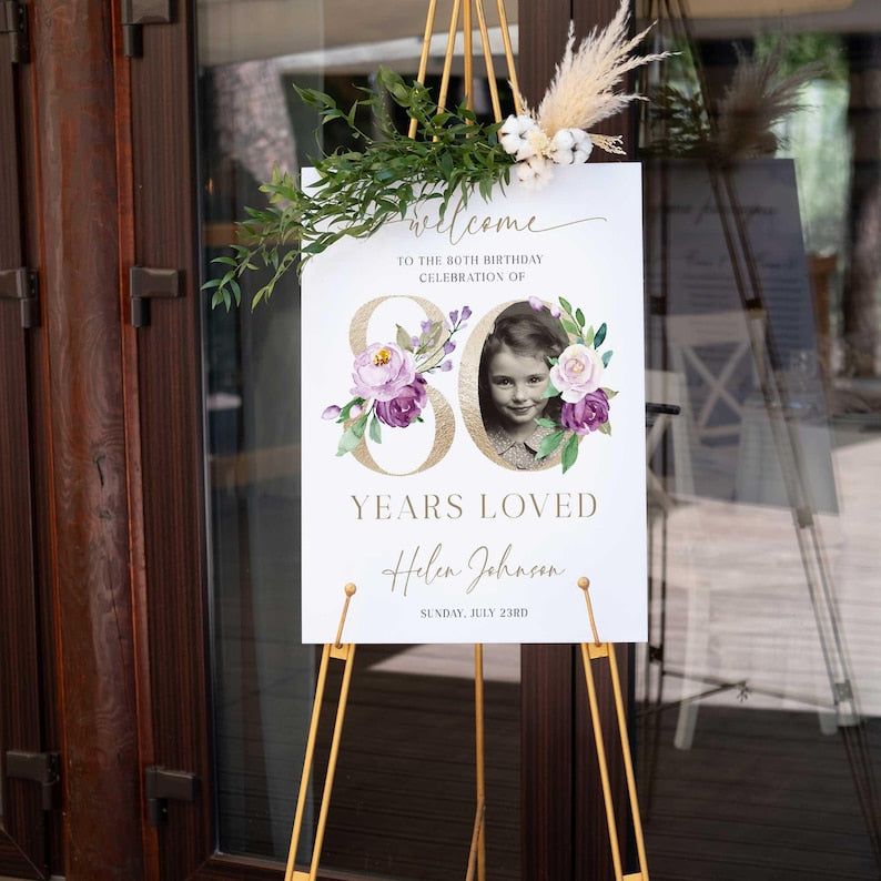 80 Years Loved Sign, 80th Birthday Welcome Sign, Floral 80th Welcome Sign with Photo, Look Who's 80 Welcome Sign, 80th Birthday Decorations
