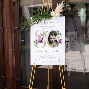 80 Years Loved Sign, 80th Birthday Welcome Sign, Floral 80th Welcome Sign with Photo, Look Who's 80 Welcome Sign, 80th Birthday Decorations