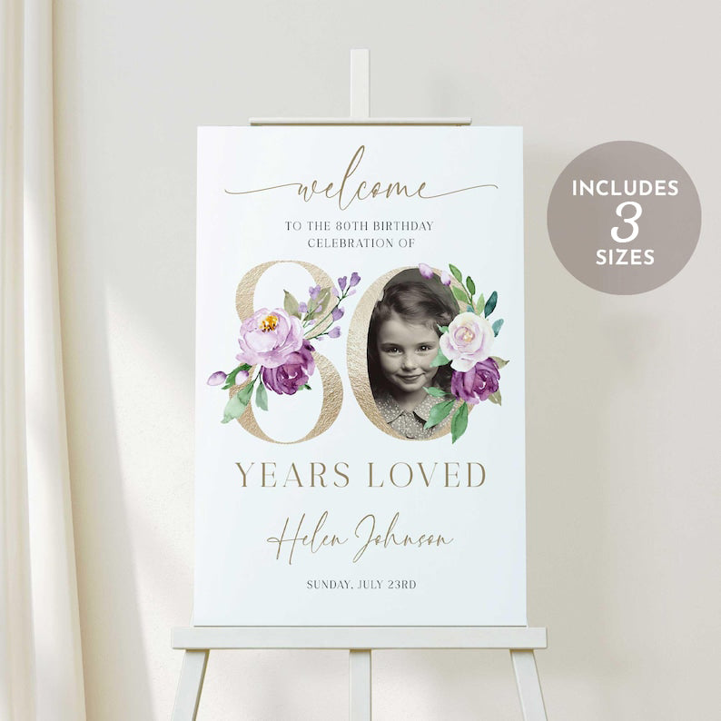 80 Years Loved Sign, 80th Birthday Welcome Sign, Floral 80th Welcome Sign with Photo, Look Who's 80 Welcome Sign, 80th Birthday Decorations