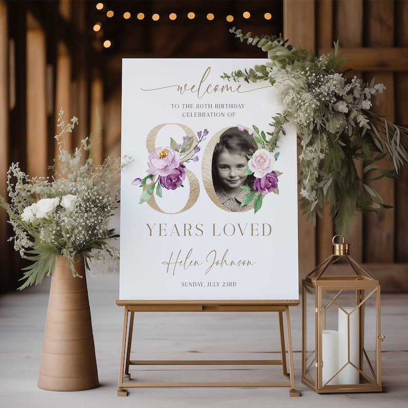 80 Years Loved Sign, 80th Birthday Welcome Sign, Floral 80th Welcome Sign with Photo, Look Who's 80 Welcome Sign, 80th Birthday Decorations
