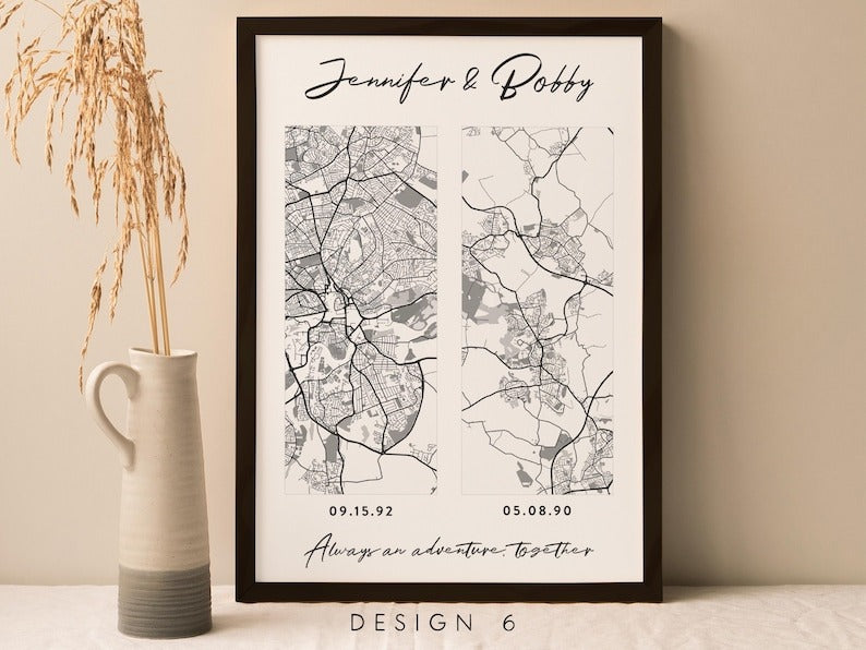 Personalised Couple Map - Engagement Gift, Map Prints Any Location, City Print, Town Map, Love Map Print, Map Gift, Map Prints Poster
