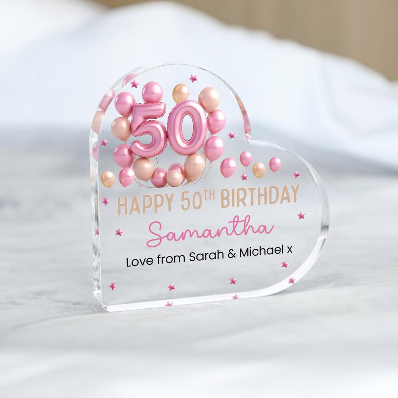 Personalised Happy 50th Birthday Gift Plaque, Birthday Gift For Her, Heart Plaque, 50th Birthday Gifts, Pink 50th Gift, Gifts for Her