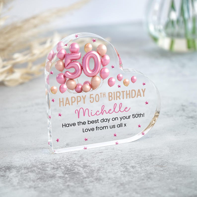 Personalised Happy 50th Birthday Gift Plaque, Birthday Gift For Her, Heart Plaque, 50th Birthday Gifts, Pink 50th Gift, Gifts for Her