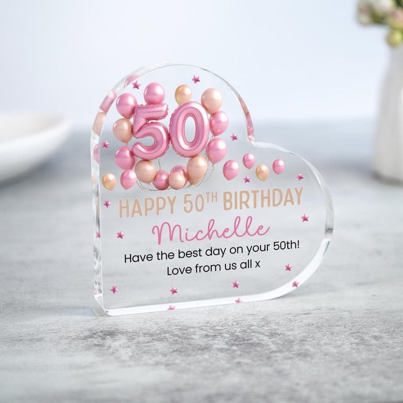 Personalised Happy 50th Birthday Gift Plaque, Birthday Gift For Her, Heart Plaque, 50th Birthday Gifts, Pink 50th Gift, Gifts for Her