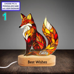 Personalized Red Fox Acrylic Night Light with Name Engraving, Beech Wood LED Lamp, Custom Laser Engraved Night Light Gift