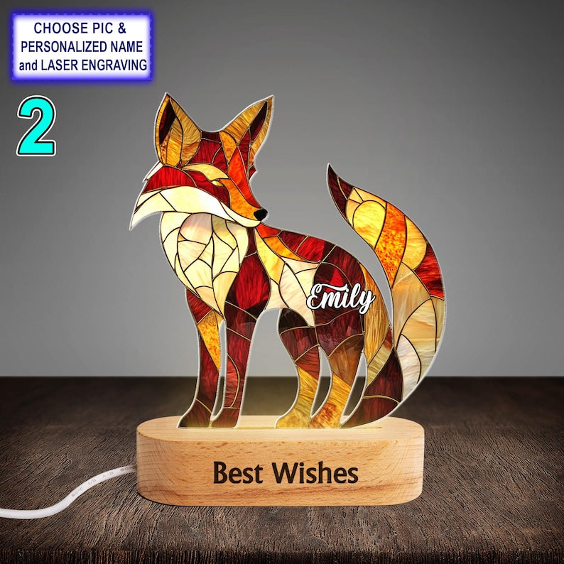 Personalized Red Fox Acrylic Night Light with Name Engraving, Beech Wood LED Lamp, Custom Laser Engraved Night Light Gift
