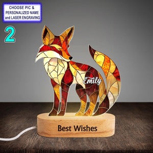 Personalized Red Fox Acrylic Night Light with Name Engraving, Beech Wood LED Lamp, Custom Laser Engraved Night Light Gift