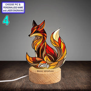 Personalized Red Fox Acrylic Night Light with Name Engraving, Beech Wood LED Lamp, Custom Laser Engraved Night Light Gift