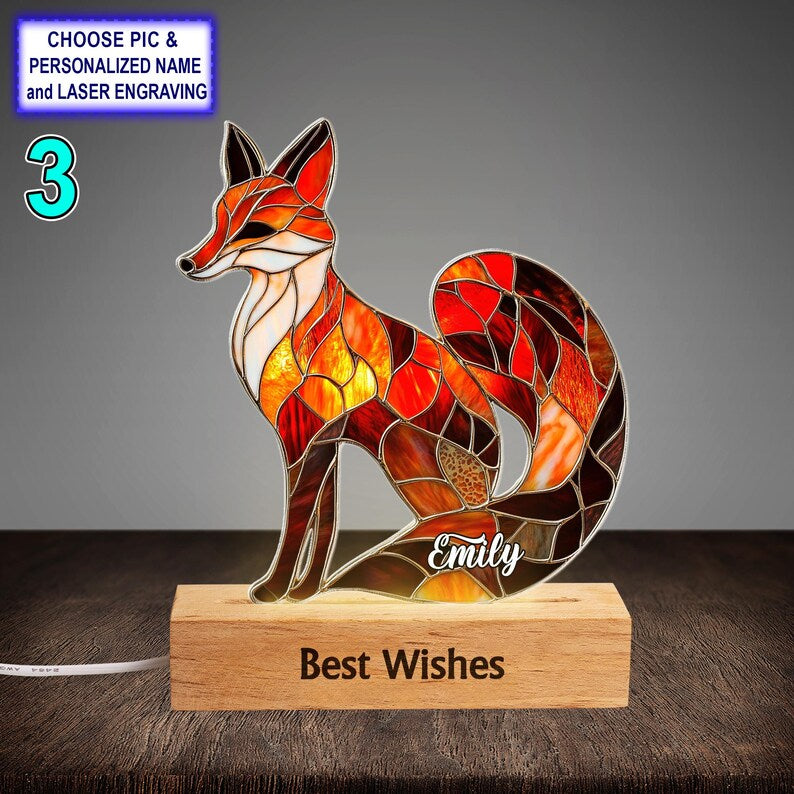 Personalized Red Fox Acrylic Night Light with Name Engraving, Beech Wood LED Lamp, Custom Laser Engraved Night Light Gift