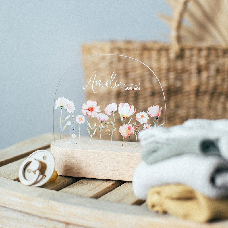 Custom Night Light for Baby Girl, Toddler Bedside Night Light, Custom Name Lamp, Floral Night Light for Nursery Decor, New Baby Gift