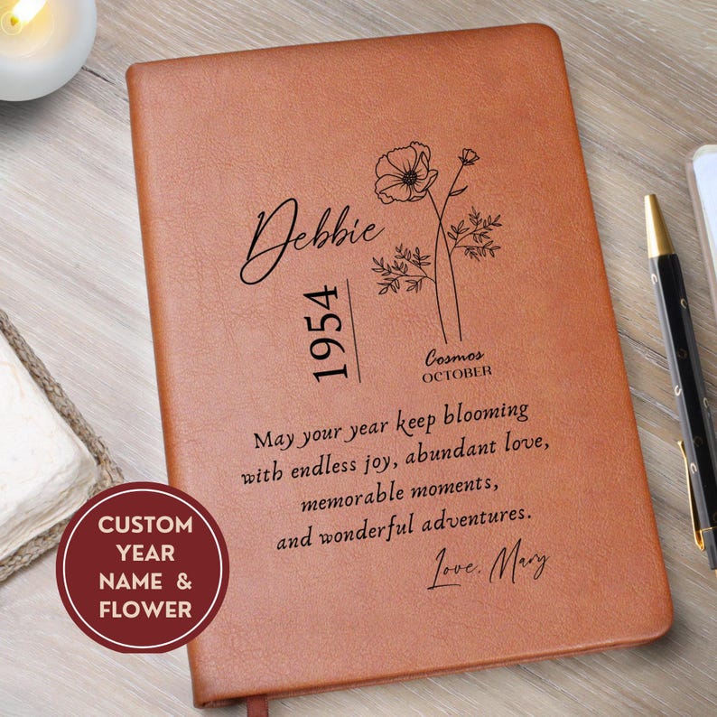 Birthflower Custom Birthday gift for women- 70th Birth Flower Birthday Gift for Friend -Personalized Journal Happy Birthday