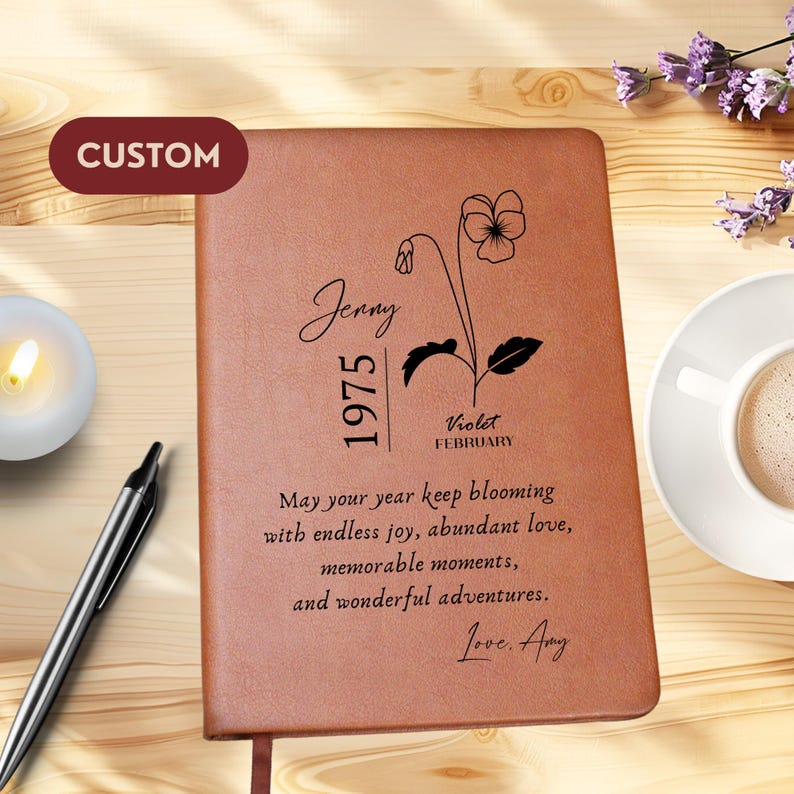 Birthflower 50th birthday gift for women- Birth Flower Birthday Gift for Friend -Personalized Journal Happy Birthday